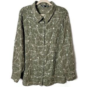 CURE Green Floral Embroidered Boho Roll Tab Long Sleeve Button Up Blouse Top 2XL